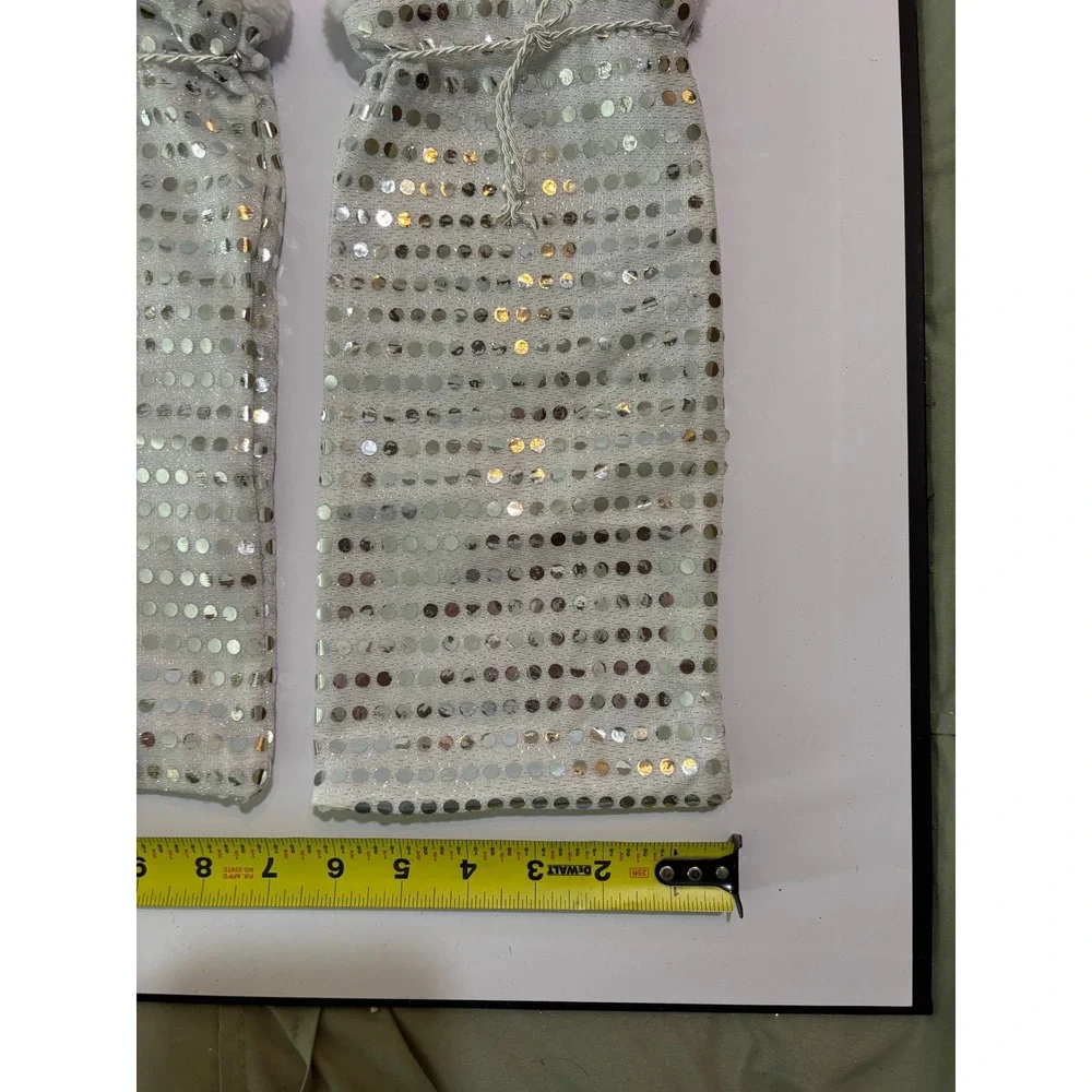 Sequin Holiday Wine Bottle Gift Bags with Mini Santa Hats Red Silver 4 Pack Set